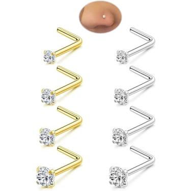 Imagem de Conjunto de 8 peças de piercing de nariz para mulheres e homens: hipoalergênico G23 titânio/316L aço inoxidável cirúrgico piercing de nariz, sem níquel, sem chumbo, em forma de L, joia de piercing de