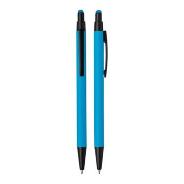 Imagem de Kit 10 Canetas Esferográfica de Metal 2 em 1 com Ponta Touch Emborrachada – Escrita Azul Suave e Ponta Stylus para Smartphones/Tablets – Design Slim e Leve (14cm) (Azul Claro)