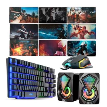 Imagem de Kit Gamer Teclado Semi Mecanico + Mouse Ergonomico 4800 DPI Led RGB + Caixa de Som 6W + Mouse Pad Grande 80x40 cm Para Notenook, Pc, Console de Videogame