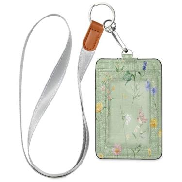 Imagem de SEHANY Porta-crachá de couro de flores silvestres verdes com cordão, porta-crachá de identificação com 1 janela transparente para identidade e 2 compartimentos para cartão para funcionários de