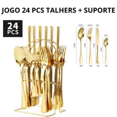 Imagem de Jogo De 24 Talheres Dourado Luxo + Suporte Porta Talheres em Aço Inox 
