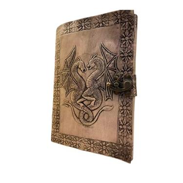 Imagem de Caderno vintage de couro (25,4 x 17,8 cm) – Diário vintage | Caderno de esboços de couro, caderno de feitiços | Diário encadernado em couro | Diário Griffin de dragão duplo em relevo | Diário de couro com páginas em branco | Caderno de escrita diário grimório | Livro das sombras | Caderno de bruxari