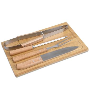 Imagem de Kit Churrasco Premium, 5 Peças em Aço Inox e Madeira, Tábua de Bambu 37x22,5cm, Faca, Garfo, Chiara e Pegador