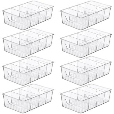 Imagem de Yiyiring 8 organizadores de lanches para prateleira de despensa, recipientes de armazenamento empilháveis de plástico transparente com 3 divisórias para armário de cozinha, gaveta de armário