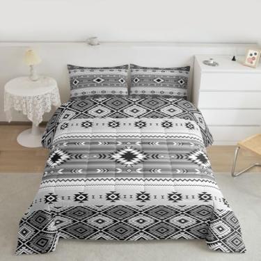 Imagem de jejeloiu Conjunto de edredom boêmio, tamanho Queen, nativo do sudoeste, para crianças, meninos, meninas, tribal, asteca, country, edredom cinza claro, 3 peças com 2 fronhas
