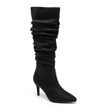 Imagem de Meleell Botas chiques cano alto de camurça preta bico fino salto largo panturrilha conforto o dia todo, Preto, 38