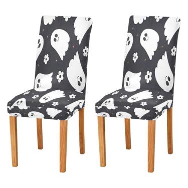 Imagem de Qilmy Conjunto de 4 capas elásticas para cadeira de jantar Halloween Boo, laváveis e removíveis, para sala de jantar, cozinha, hotel, banquete, festa, protetores de cadeira