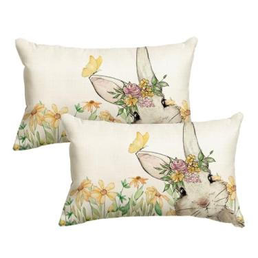 Imagem de AVOIN colorlife Capa de almofada de coelho com guirlanda floral amarela de Páscoa, 30,5 x 50,8 cm, primavera, coelho, decoração para sofá e sofá, conjunto de 2