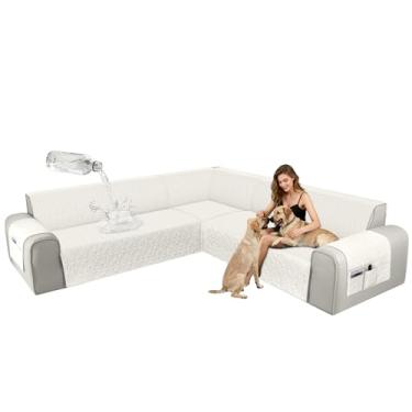 Imagem de ALIECOM Capas de sofá seccionais de canto, à prova d'água, laváveis, em forma de L, capa de sofá, geométrica, jacquard, capa de móveis com alça ajustável para cães de estimação (grande, branco creme)