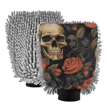 Imagem de ODAWA Luvas de lavagem de carro de microfibra retrô com rosas vermelhas e rosas vermelhas, pacote com 2, luvas de lavagem de carro para canhão de espuma 20,5 x 30 cm