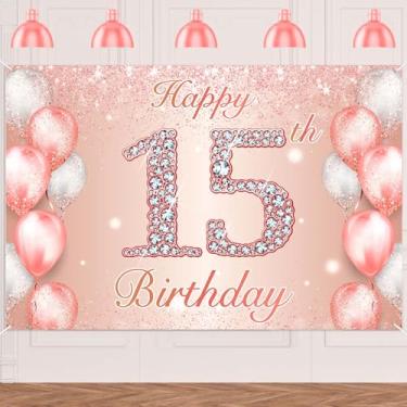 Imagem de Happy 15th Birthday Banner ouro rosa Cheers to 15 anos de idade pano de fundo confete balões tema decoração para meninas 15 anos decorações de festa de aniversário rosa suprimentos de aniversário lembrancinhas presente glitter