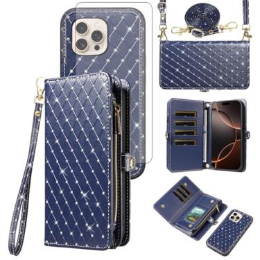 Imagem de Capa de celular para iPhone 16 Pro 6,3 polegadas com zíper carteira destacável capa celular com protetor de tela transversal alça de cordão glitter flip porta-cartão slot i Phone16 i16 16Pro mulheres