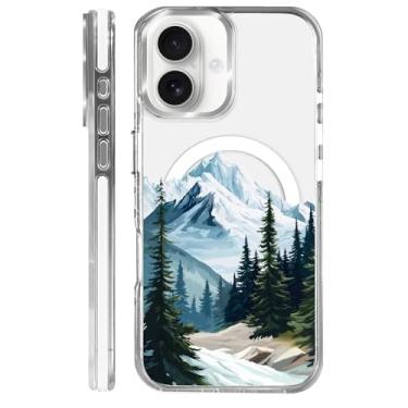Imagem de MQJCYB Capa magnética para iPhone 16 Plus com design em base transparente, compatível com MagSafe, capa protetora fina de TPU macio para celular para mulheres e meninas - montanhas árvore ao ar livre