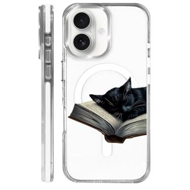 Imagem de MQJCYB Capa magnética para iPhone 16 com design em base transparente, compatível com MagSafe, capa protetora fina de TPU macio, capa para celular feminina e meninas - Black Cat Book Lover Celestial