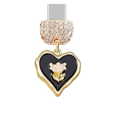 Imagem de ELISE & FONDA TP1003 Tipo-C porta de carregamento cristal antipoeira plugue pequeno coração amor com pingente de celular rosa para iPhone 15/16/Samsung/OnePlus/Xiaomi/oppo telefones Android (preto)