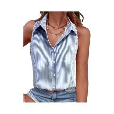 Imagem de Camisa Sem Mangas Listrada Azul plus Size Casual Respirável Para Escri