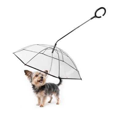 Imagem de PETLESO Guarda-chuva para cães pequenos, guarda-chuva transparente para animais de estimação com guia ajustável, caminhada chuvosa mantém o filhote seco, capa de chuva de montagem automática, eixo de