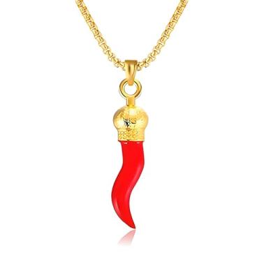 Imagem de Dreuyet Colar de chifre italiano para mulheres e homens, delicado banhado a ouro 14K, cornicello, pimenta, amuleto, pingente, boa sorte, joia de proteção talismã, Middle, Aço inoxidável, Sem Pedra