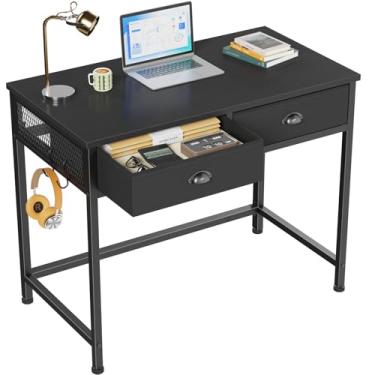 Imagem de Furologee Mesa de computador pequena preta com 2 gavetas de tecido para quarto, mesa de escrita, escritório doméstico simples de 86 cm, penteadeira com ganchos, mesa de estudo para adultos, estudantes