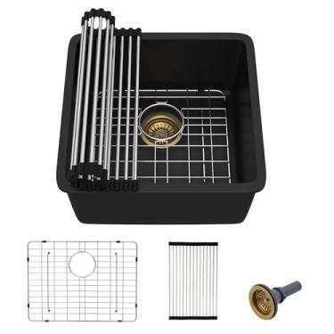 Imagem de Fulorni Pia de preparação de barra de montagem inferior de 43 x 43 cm – Lavatório de pia de quartzo composto de granito preto fosco clássico sob o balcão para bar molhado, trailer, cozinha pequena