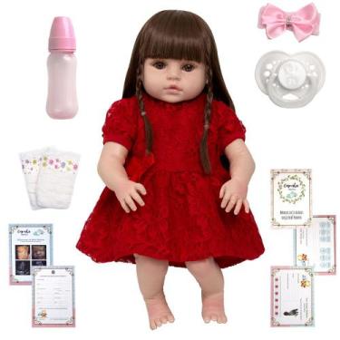 Imagem de Bebe Reborn Menina Olho Castanho Vestido Vermelho Acessórios - Cegonha