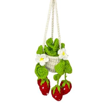 Imagem de Hshsclth Decoração suspensa de espelho retrovisor de carro de crochê feito à mão, design de planta acrílica de malha, acessórios decorativos de carro para mulheres com difusão de óleo essencial