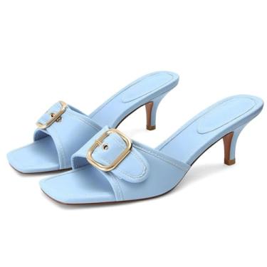 Imagem de Dsevht Sandálias pretas de salto agulha salto baixo sem cadarço, sandália mula, quadrada, bico aberto, sapato social feminino, Azul, 39