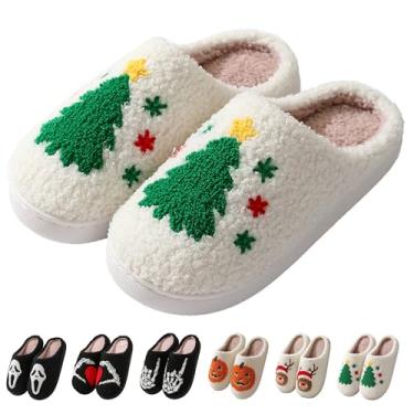 Imagem de Zuiyisu Chinelos de Halloween para mulheres e homens, chinelos macios de pelúcia felpuda para férias de inverno, chinelos retrô aconchegantes para casa, chinelos confortáveis de Natal para uso interno