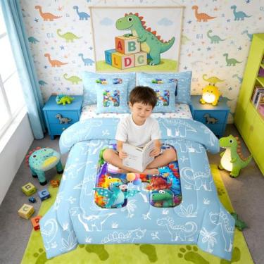 Imagem de Erosebridal Jogo de cama solteiro de dinossauro 3D em uma bolsa, 7 peças, conjunto de edredom com lençol de dinossauro, letra H, para crianças e adultos, jogo de cama de dinossauro fofo