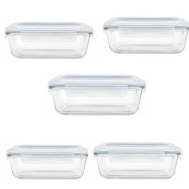 Imagem de Conjunto de 5 Potes de Vidro Herméticos com Tampa Recipientes para Alimentos Resistentes ao Calor Retangulares (640 ml)