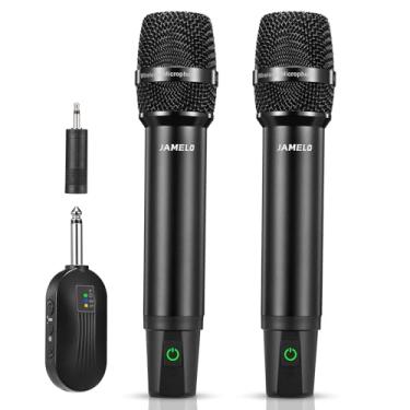 Imagem de Camola Microfones sem fio, microfones recarregáveis de metal de 2,4 GHz com sistema de microfone de karaokê portátil UHF duplo profissional sem fio com receptor, microfone dinâmico para igreja, canto