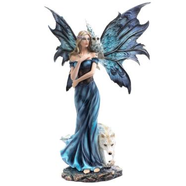 Imagem de Escultura Estatueta Fada Anjo Coruja Lobo Resina Mystica