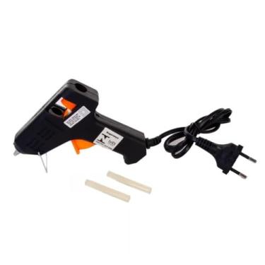 Imagem de Pistola de Cola Quente Mini elétrica portátil Bivolt 127V-220V 8W Compacta Preto e Laranja para Artesanato e Projetos Artísticos trabalhos manuais EVA papelão tecido madeira