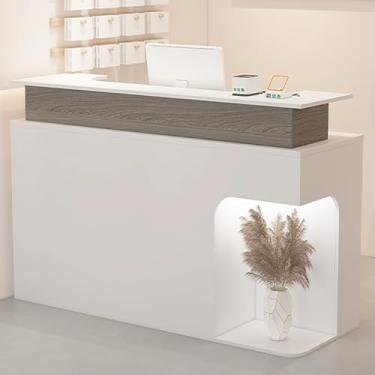 Imagem de Mesa de recepção branca moderna com balcão, mesa de balcão de caixa de varejo, armário de armazenamento e gaveta, ideal para escritório, 140 x 50 x 100 cm