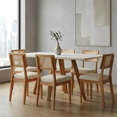 Imagem de Mesa de Jantar 1,60m Tampo de Vidro e Madeira Natural com 6 Cadeiras D