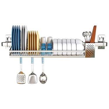 Imagem de Escorredor de louça montado na parede - Organizador de armazenamento de cozinha de aço inoxidável com gaiola de pauzinhos e suporte de faca - Design que economiza espaço - 79 cm