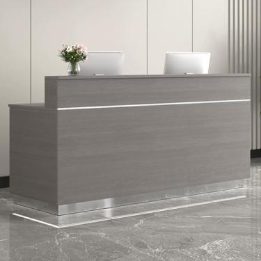 Imagem de Mesa de recepção elegante branca e dourada com gaveta de bloqueio, armário de armazenamento, balcão de caixa de varejo moderno para saguão de escritório e loja - Design compacto de 60 x 45 cm