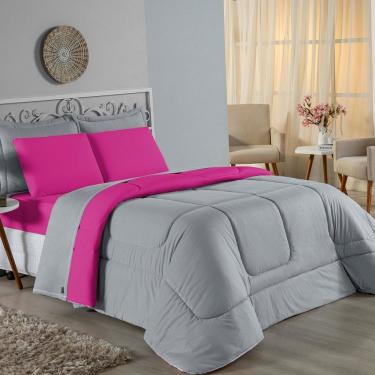 Imagem de Kit Edredom Dupla Face + Jogo De Lençol Solteiro Nobre 4 Peças Malha 100% Algodão - Cinza / Pink