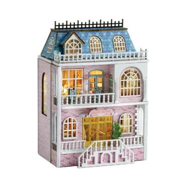 Imagem de Mini Casa De Bonecas De Madeira Princesa Rosa Com Móveis E Luz, Kit De