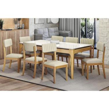 Imagem de Conjunto Mesa Mira Premium Madeira Maciça c/ Tampo Madeirado c/ Vidro 