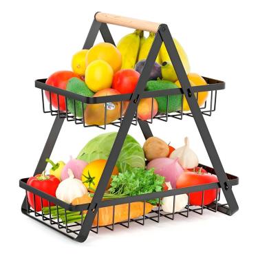 Imagem de Fruteira De 2 Andares Em Aço Com Alça De Bambu – Cestos Removíveis E Design Moderno