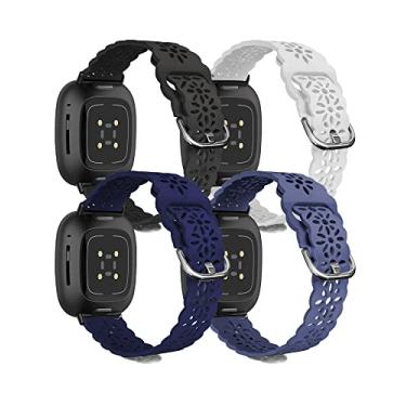 Imagem de Ginkgonut Linda pulseira esportiva fina de silicone compatível com Fitbit Sense / Versa 3 / Versa 4 / Sense 2 pulseiras femininas, pulseira de relógio inteligente de substituição de renda de silicone macio para mulheres (D-preto, branco, cinza lavanda, azul marinho)