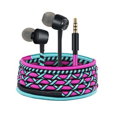 Imagem de URIZONS Fones de ouvido intra-auriculares coloridos divertidos com fio – fones de ouvido trançados com microfone para telefones celulares, MP3, laptop, tablets, tecido trançado, fone de ouvido para
