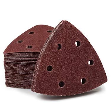 Imagem de SPEEDWOX 50 peças de almofadas de lixa triangulares gancho e laço 80 gramatura 90 mm 6 furos para 8,5 cm oscilante multi ferramenta detalhe lixadeira triângulo discos de lixa