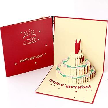 Imagem de Yajun Cartão de bolo de aniversário 3D cartões de bênção dobrados 3 peças oco DIY cartões de felicitações artesanais exclusivos para amigos, família 15 x 15 cm, vermelho