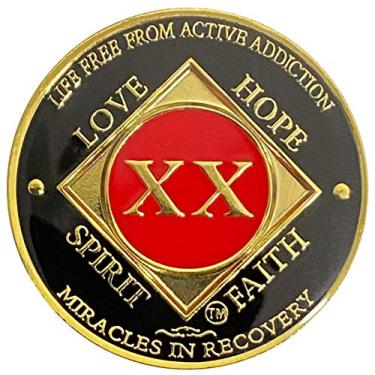 Imagem de Medalhão de 20 anos NA, Narcóticos Anônimos Moeda de 20 anos, Dourado, Vermelho, Preto Banhado a Cor e Cobertura Epóxi