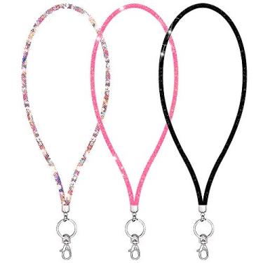 Imagem de Cordão de cristal brilhante Ascrafter com fecho de metal e chaveiro, cordão de pescoço de strass para mulheres, cartão de identificação e alça de chaves - pacote com 3 (preto + rosa + multicolorido)