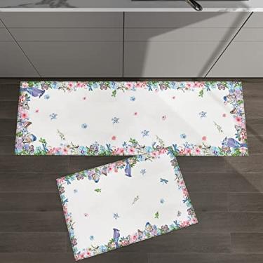 Imagem de Conjunto de 2 tapetes de cozinha primavera floral folha de pássaro flor rosa azul roxo branco para tapetes e tapetes acolchoados antiderrapante absorvente corredor confortável tapete de pé