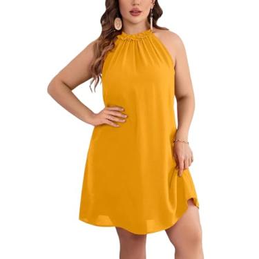 Imagem de MakeMeChic Vestido feminino plus size sem mangas frente única verão praia mini vestidos túnica curtos, Amarelo, X-Large Plus
