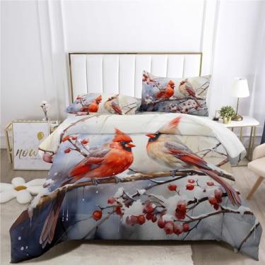 Imagem de Jogo de cama com estampa de pássaros cardeais, cama em um saco, 7 peças, lindo conjunto de cama com pássaros especiais do norte, incluindo 1 lençol com elástico + 1 edredom + 4 fronhas + 1 lençol de